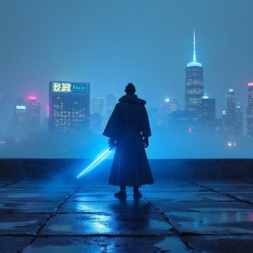 A futuristic samurai stands on a rooftop at twilight holding a glowing katana. The city skyline behind features skyscrapers with neon lights. Electric blue flair streaks from a billboard. Wet concrete reflects light. Subtle rain and fog create an atmospheric scene. Cinematic depth of field and lens effects enhance composition.