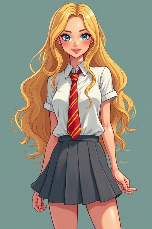 Image of a high school girl embodying popular girl stereotype. Long blonde curls, deep blue eyes, regulation gray skirt hitched above waist, red and yellow tie around neck.