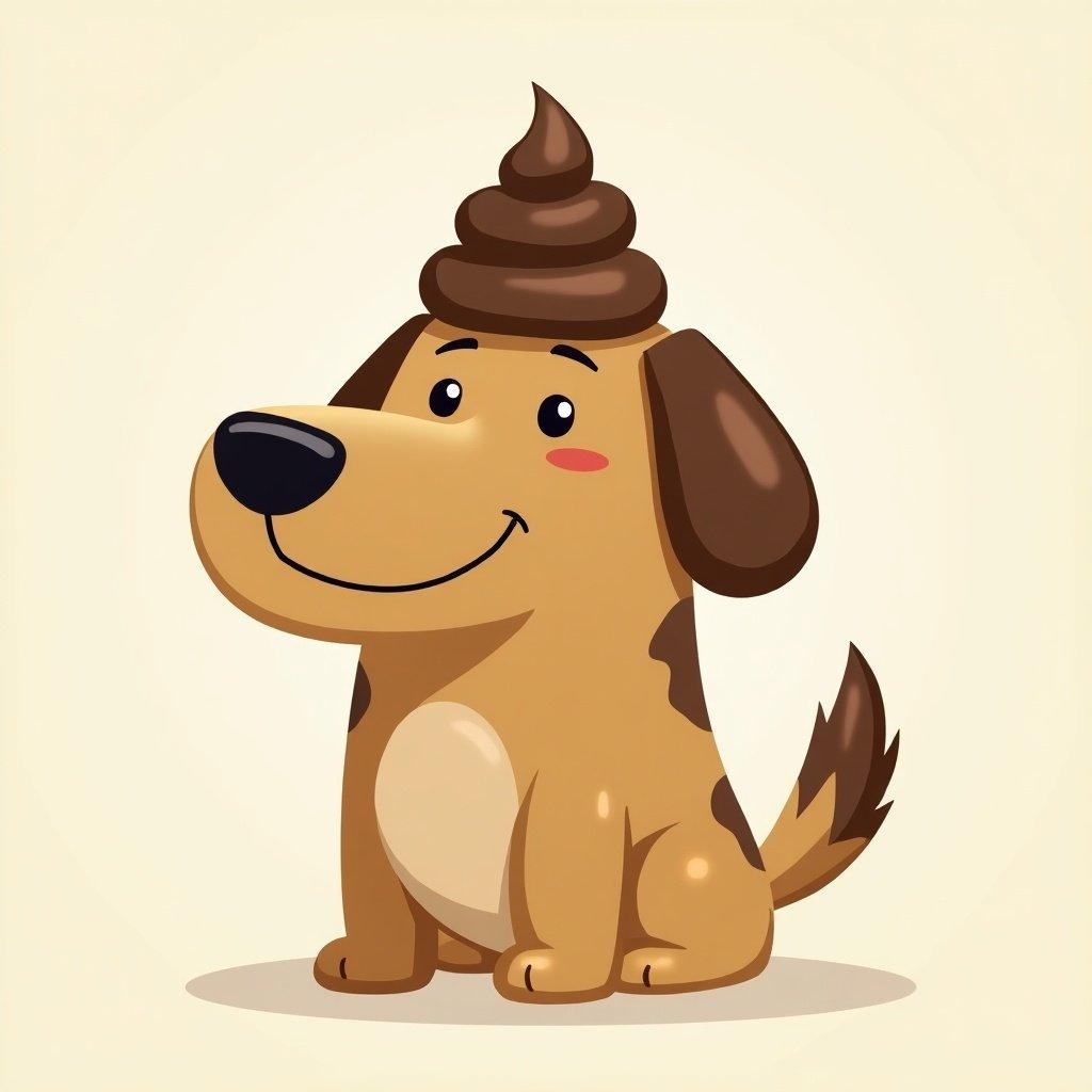 Large cartoon dog with a poop emoji on his head.