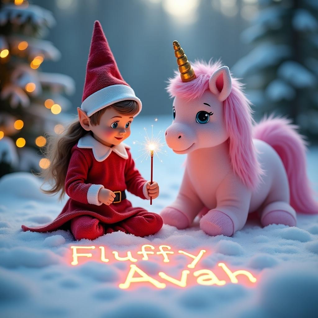 A whimsical scene in candy land featuring an elf in a red outfit and a unicorn in soft snow. The elf holds a sparkling wand, creating a magical atmosphere. The names Fluffy and Avah are written in the snow. Surrounding are glowing lights and frosty trees, enhancing the enchanting feel.