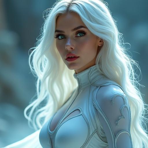 A striking full body view of a woman wearing a superhero costume. Captivating green eyes are seen. The character exudes confidence and strength. The costume symbolizes heroism and mystery. Features are emphasized with intricate detailing on the white costume. The image evokes empowerment and allure. Composition and lighting create an enchanting atmosphere. A powerful female character is showcased in a sleek blue transparent costume. The character stands confidently, accentuating a toned physique. The outfit highlights curves and athletic build. Flowing hair enhances the mystique. posture exudes confidence. The captivating figure has striking features including long luscious white hair around shoulders long eyelashes and rich red lips on a natural complexion.