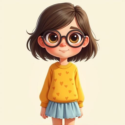 A cute character named Lily. She has shoulder-length wavy hair and wears large round glasses. The outfit includes a yellow sweater with hearts and a light blue skirt. She stands with a gentle smile and hopeful expression.