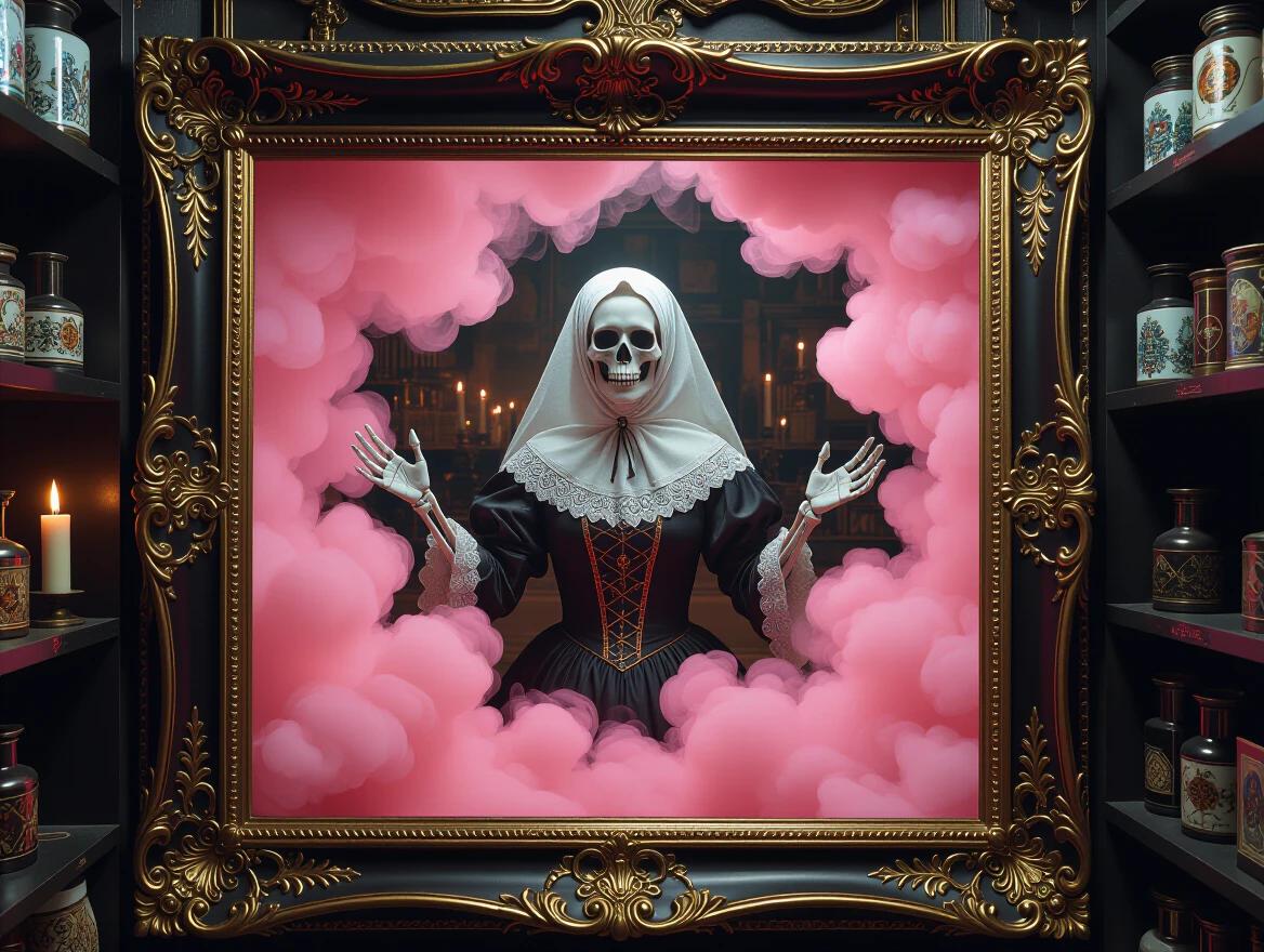A ghostly midwife ushers souls through pink smoke. Hands are both skeletal and alive. Scene is lit by candlelight in a forgotten apothecary. The setting features chiaroscuro lighting. An ornate black-gold baroque frame surrounds the composition. Family speaker is hyper-realistic with a 3D holographic effect. Dramatic lighting emphasizes dimensional aspects with an ultra-detailed cinematic style.