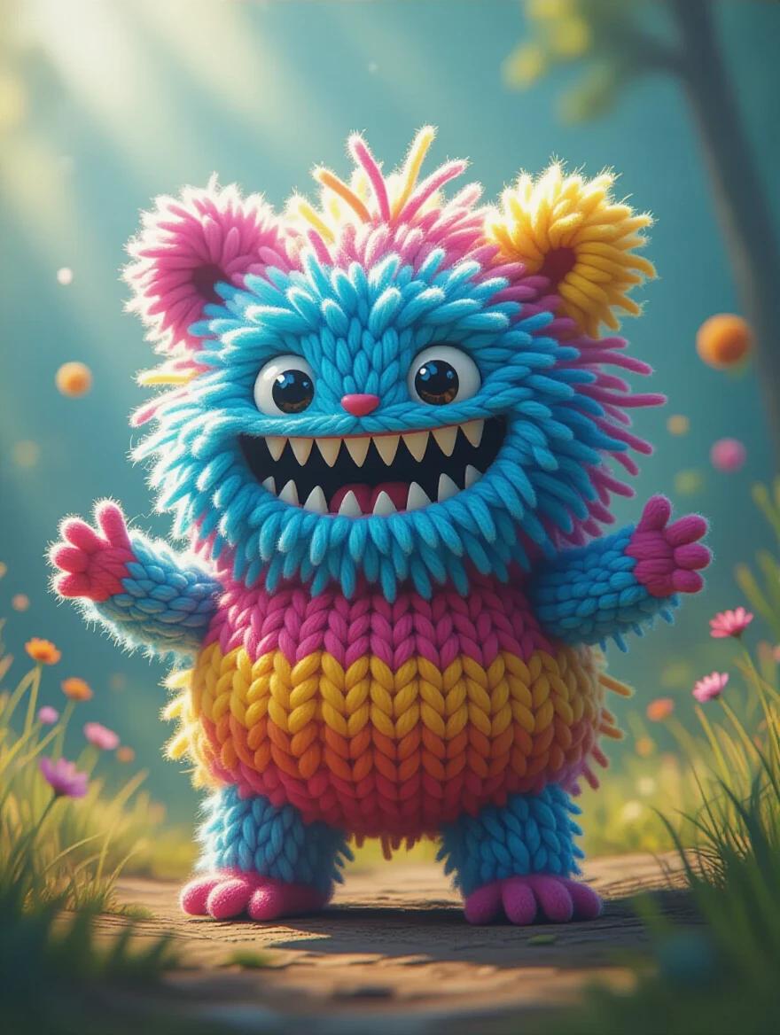 A cute fluffy yarn monster made of textured pom poms. The creature has exaggerated proportions and sharp teeth. It poses joyfully in a colorful environment surrounded by flowers and soft light. The style combines elements of digital painting and traditional media.