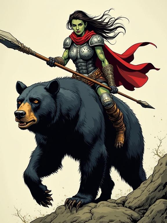 Hand-drawn comic illustration with cel-shading. Cinematic composition. High contrast. Detailed skin and fabric textures. Bold outlines. Female goblin with spear in heavy armor. Riding a black bear. Heroic pose.