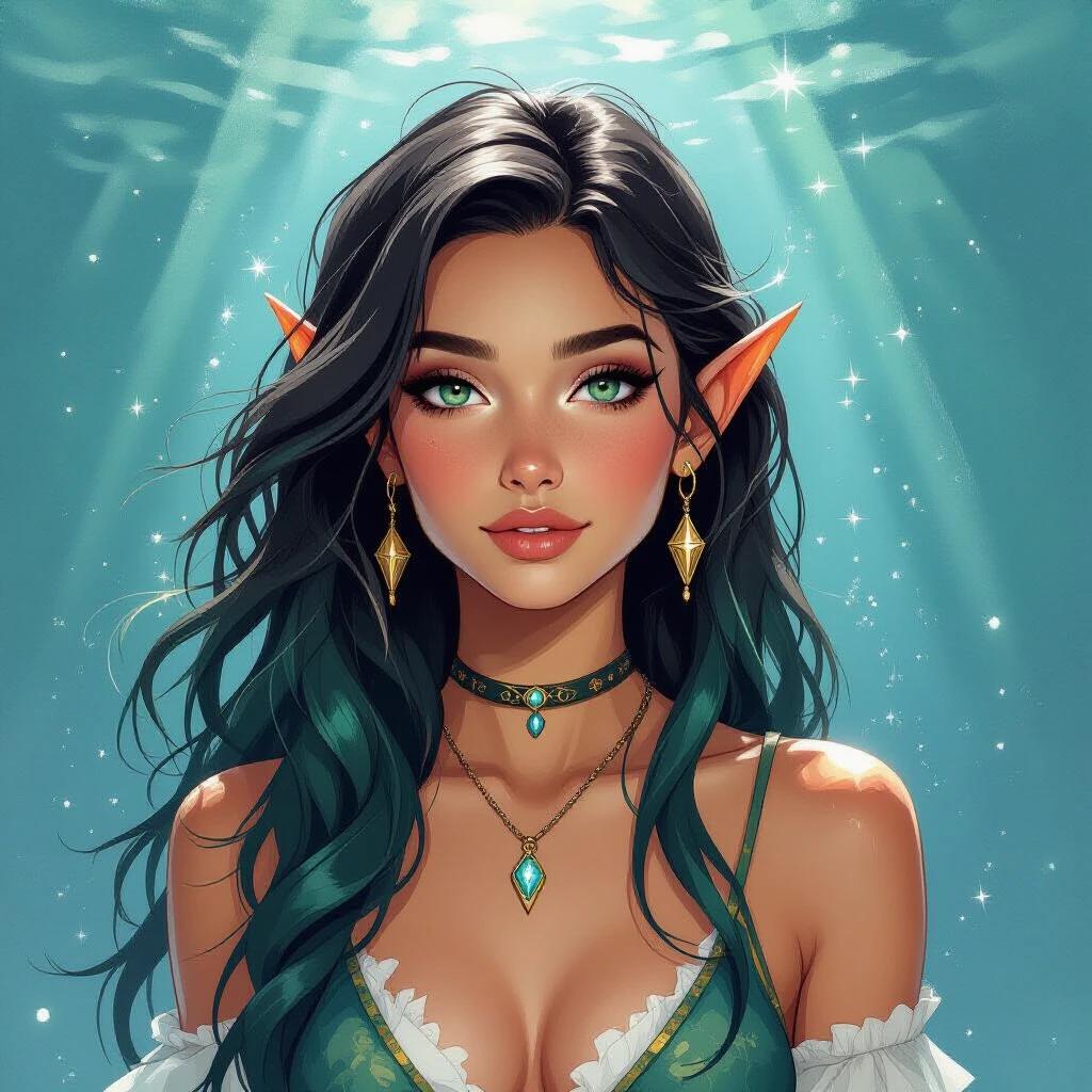 Dark watercolor illustration features a triton fish-person female with sharp finned ears and green-blue scaled skin. She wields magic using black stone with pin-sized holes to cast constellations. Wearing ancient Greek fantasy clothing. Long, slicked-back green-blue hair adds to her mystical appearance. The image captures an underwater setting with an ethereal vibe.
