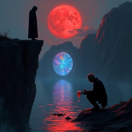 Dark atmospheric digital painting with chiaroscuro style. Blood-red moon over jagged cliff. Hooded figure stands above a wounded man. Man kneels beside a black pool reflecting face in red light. Portals of clock-works and blue energy on far bank. Elderly bearded man in glasses bows toward water raising whiskey glass. Melting ice forms water ripples. Painterly brushstrokes and stark highlights. Theme of regret and transcendence.