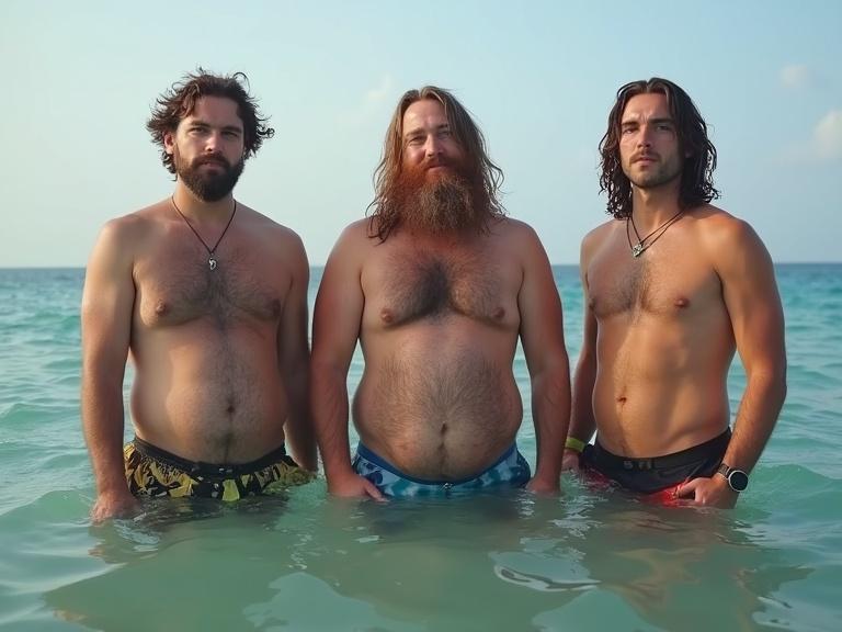 Group of young men standing in the ocean. They have colorful long hair. All faces are smooth shaved with no beards or stubble. Background features clear water and sky.