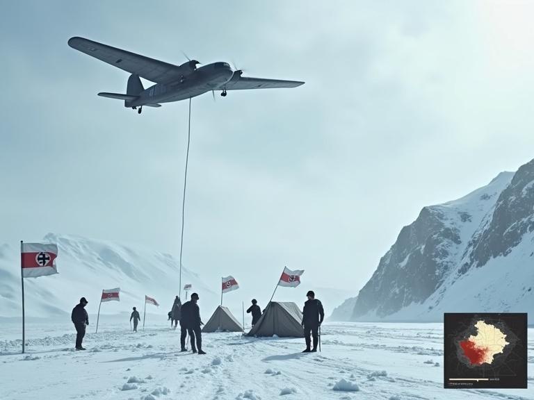 A historical scene depicting the 1938-1939 German Antarctic expedition to Neuschwabenland. A vintage aircraft flies over icy terrain, dropping flags with Nazi symbols onto the snow. Below, a German exploration team sets up a camp near the rocky Antarctic coast. An inset map highlights the claimed zone. Cold, historical documentary style, 16:9 aspect ratio.