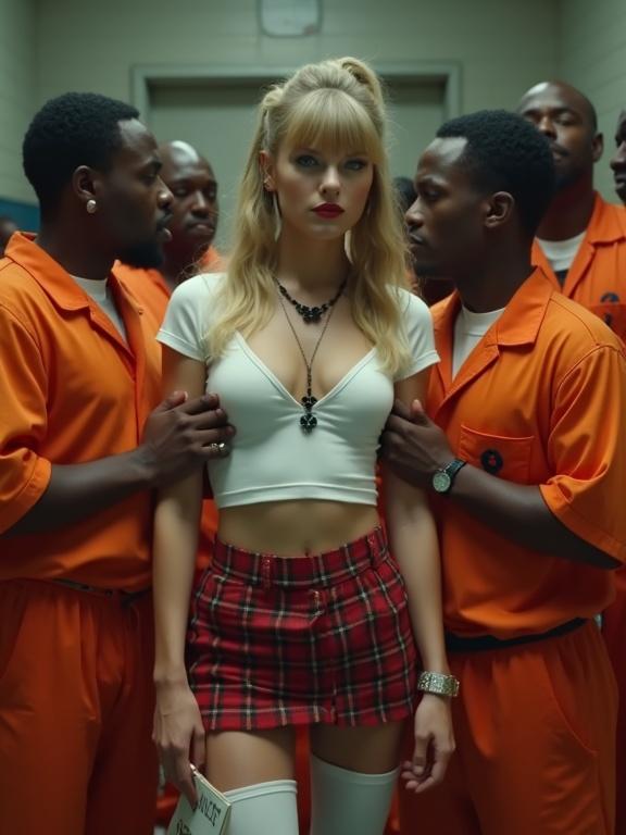 Taylor Swift is in a prison scene. She has long blonde twintails and sharp bangs. Her outfit includes a cropped white tshirt and a short red plaid skirt. She looks scared. Inmates surround her. A sign says 'ball drainer'.