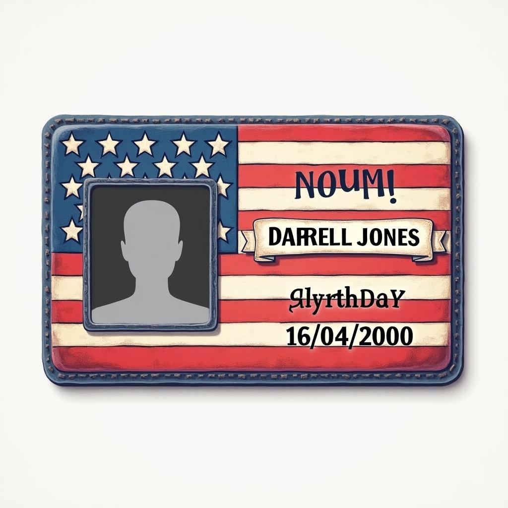 Create a novelty ID card inspired by the American flag. The card features a bold red and blue design with white stars and stripes. Include fictional details such as the name 'Darrell Jones' and a date of birth '16/04/2000'. The ID should have a blank space for a photo, emphasizing that it's a playful or artistic representation. Ensure the overall design is attractive and eye-catching, appealing for novelty use or decoration.