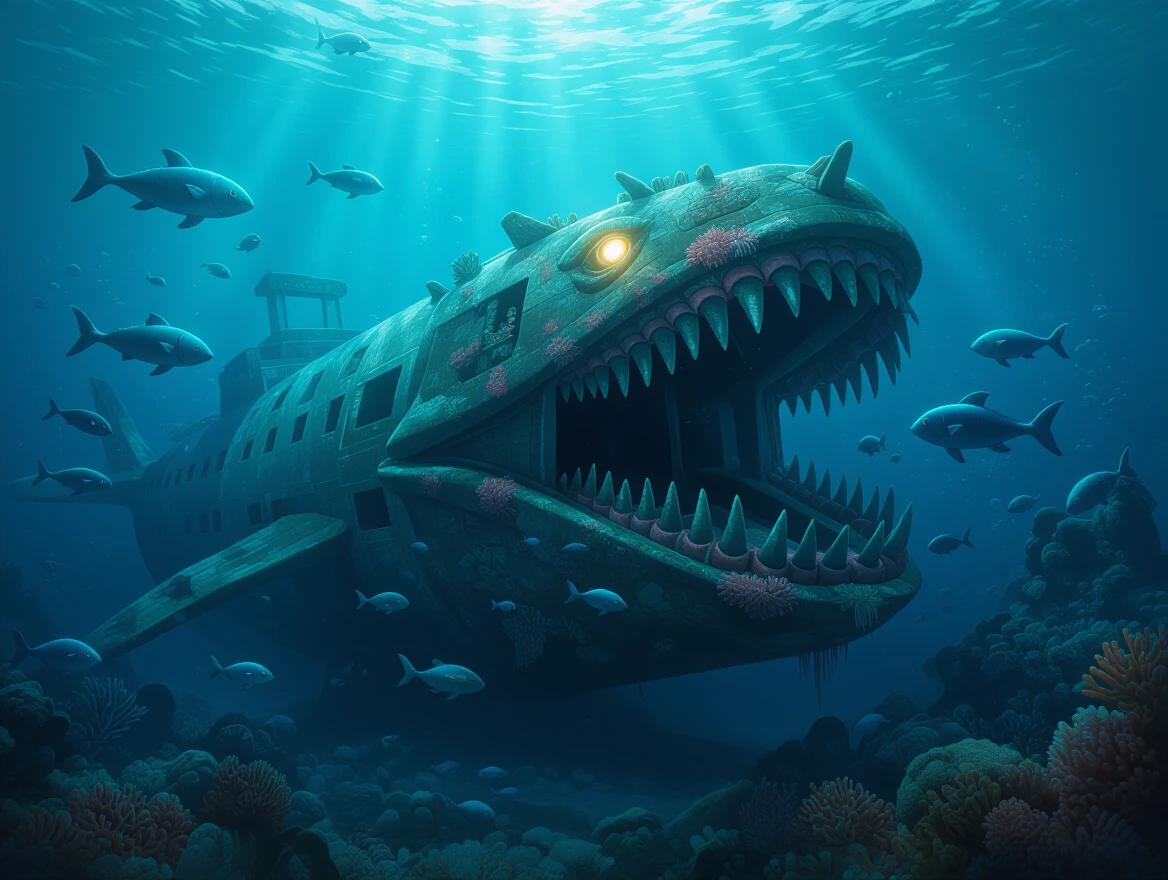 Monstrous deep-sea leviathan with massive broken ship-like jaws. Its coral-encrusted skin shows signs of age. A glowing bioluminescent eye looks ominously. Surrounded by small sea creatures showing its protective posture. Scene set in a deep ocean trench with an ambient blue glow from underwater lighting. This fantasy marine life reflects high detail and hyperreal concept art.