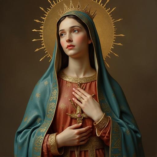 Depiction of Virgin Mary in elegant attire. Soft light illuminating her figure. Hands positioned together in prayer. Surrounded by a golden halo.