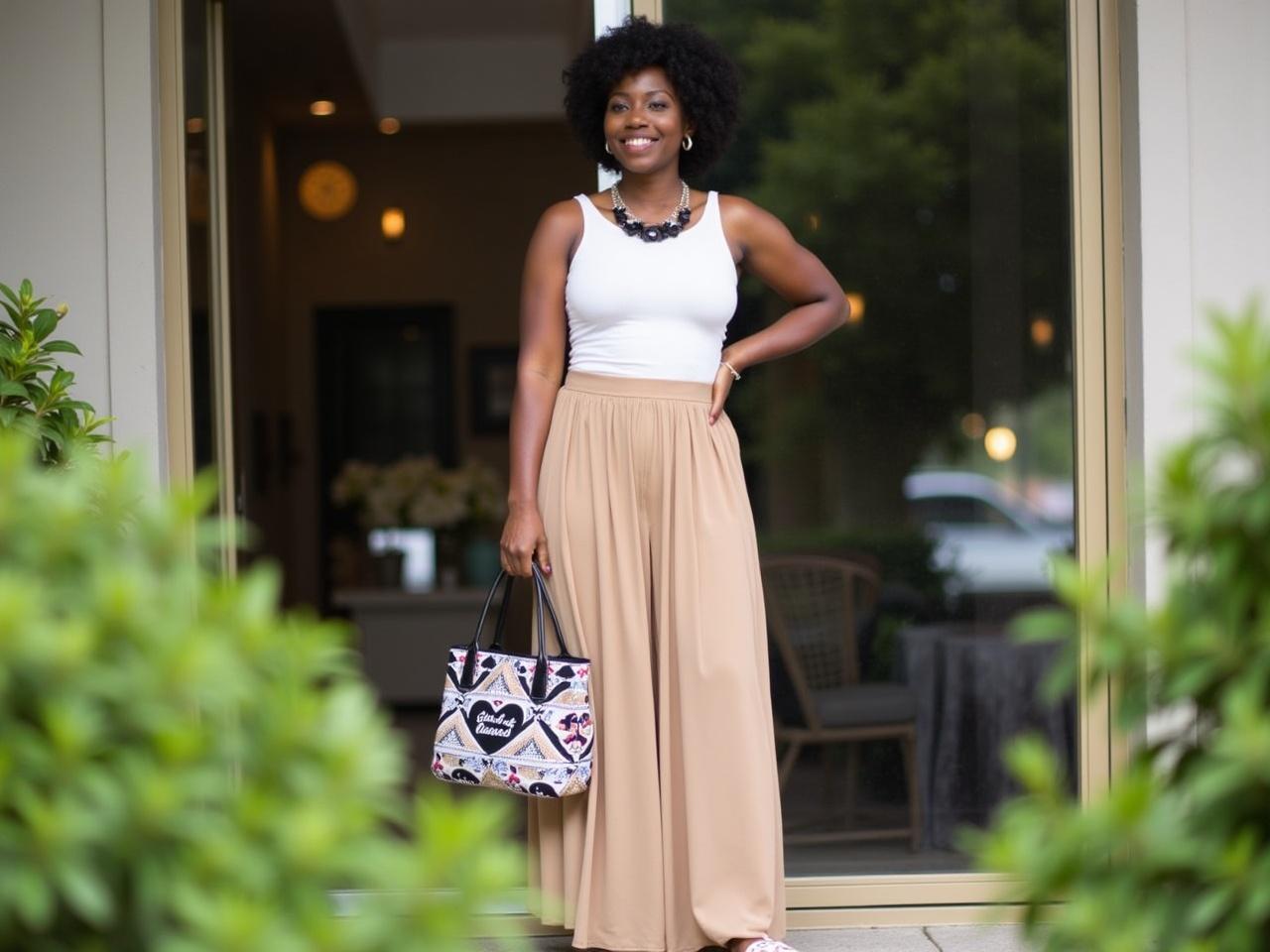 The image features a woman standing outdoors, dressed in a sleeveless white top and a flowing beige skirt. She stands confidently with one hand on her hip and the other holding a stylish handbag. The handbag is decorated with the words 'Just Blessed' and includes various designs. The scene is set in front of a reflective surface, likely a window, with greenery in the foreground. The atmosphere appears elegant and relaxed, with hints of soft lighting and outdoor elements visible.