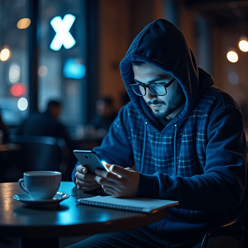 A person in a hoodie uses a smartphone at a café table with a cup of coffee and a notebook.