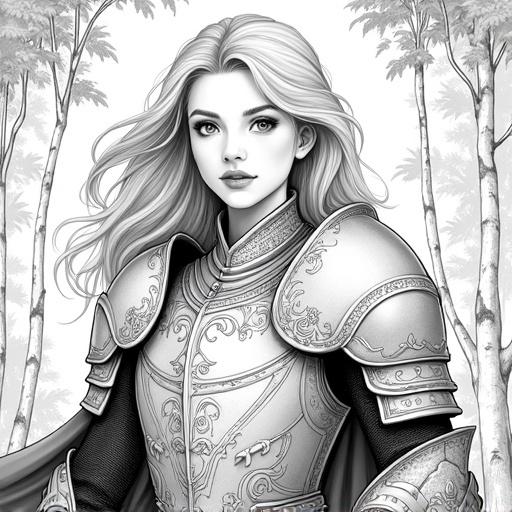 Hyper-detailed black and white line art illustration of a beautiful young female knight. She has shoulder-length light-colored hair gently blowing. She looks serene and determined. Intricate fantasy plate armor features engraved patterns. The background shows a tranquil forest with birch-like trees. Clean outlines and fine hatching add detail. Focus on armor, hair, and facial features.