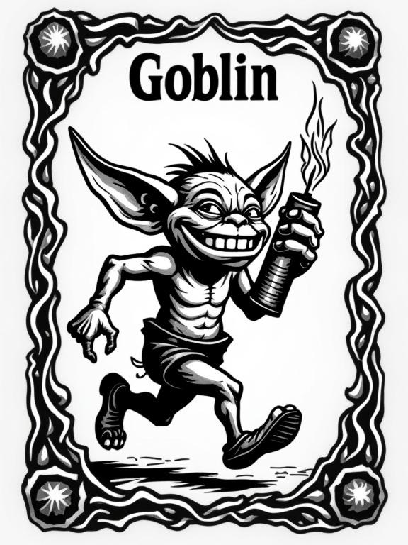 Illustration of a goblin creature token in a relief printmaking style. Goblin runs with a grin and flapping ears. Holds a lit stick of dynamite with a visible spark. The word 'Goblin' is at the top in stamped-style font. Power/toughness shown is 1/1 at the bottom in bold. Unique hand-carved-style border surrounds the scene. Design suitable for laser engraving on anodised aluminium.