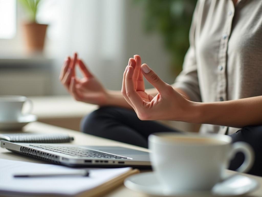 An office meditation setting focused on reducing work stress. The hands of a female individual are elegantly positioned in a meditative gesture. She is seated at a desk, with a laptop and some paperwork visible nearby. A cup of coffee sits within reach, creating a serene atmosphere. The background is softly blurred, emphasizing the calmness of the scene. This image conveys tranquility and the importance of mindfulness in the workplace.