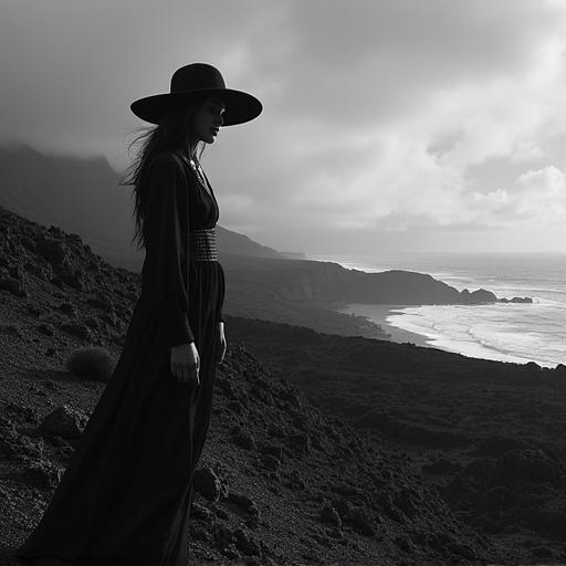 Image inspired by Lanzarote with gothic noir style featuring a woman in a long dress by the coast.