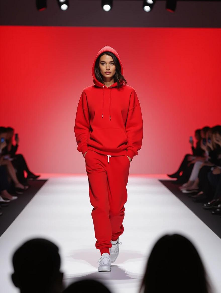 Woman walks down runway in red hoodie and sweatpants. Intense red background. Serious expression. Silhouetted audience. Modern bold atmosphere.