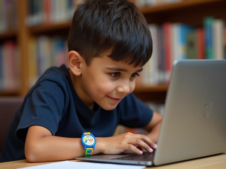 A young boy focuses on a laptop in a library. He shows joy and curiosity while typing. His colorful watch and outfit complement the scene.