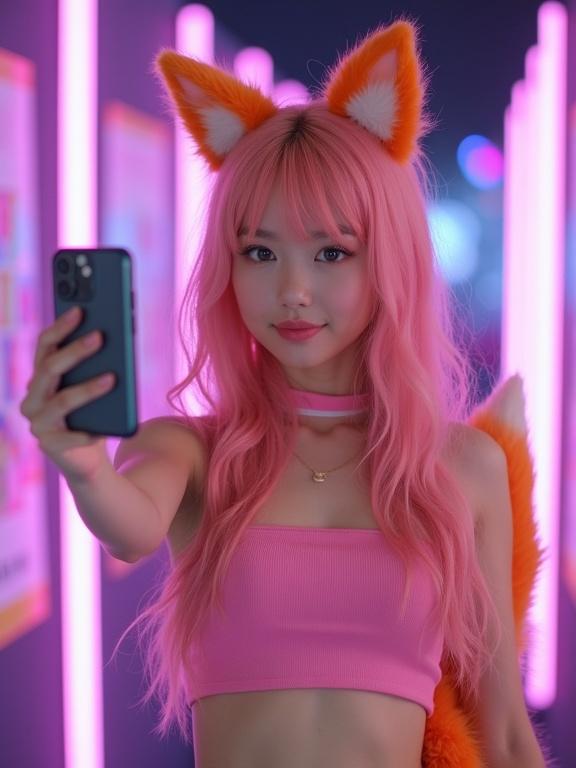 A young woman poses for a selfie. She has long pink hair and wears a cropped pink top. An orange fox tail accessory is visible. Her makeup is soft; she has blue eyes. She uses a filter that adds realistic fox ears. Purple LED lights illuminate the background.