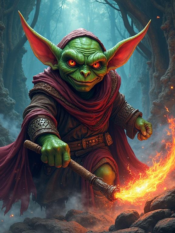 A goblin sorcerer Anti-Hero in Action Pose. Dark fantasy setting with intricate details. Comic book and anime art style with dynamic cel-shading. Heavy line work for character design. Speed lines enhance movement. Vivid colors with Ufotable-style particle effects.