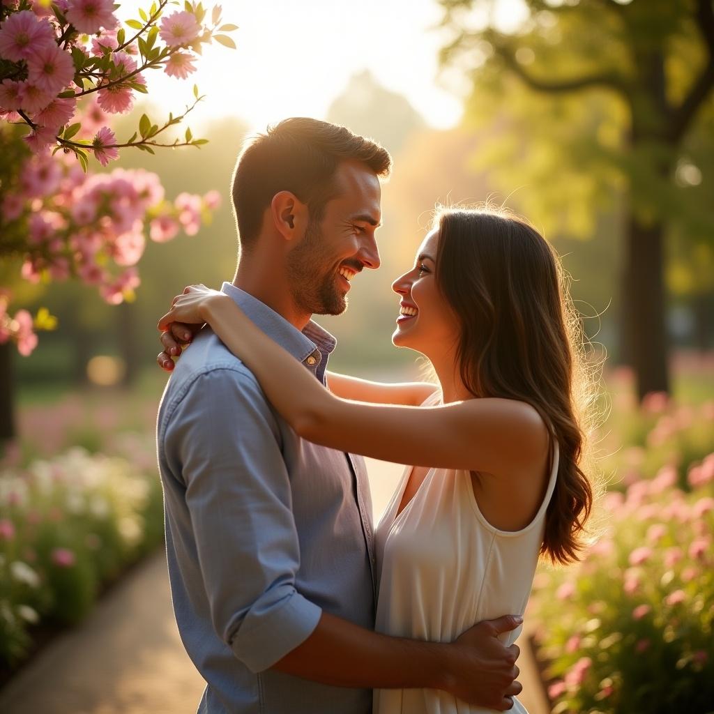 The image captures a romantic moment between a couple in a park during spring. They are happily embracing each other while surrounded by blooming flowers. The warm sunlight enhances the joyful atmosphere, creating a soft, golden glow. The couple is smiling at each other, lost in their own world. This scene epitomizes love and connection in a beautiful outdoor setting.