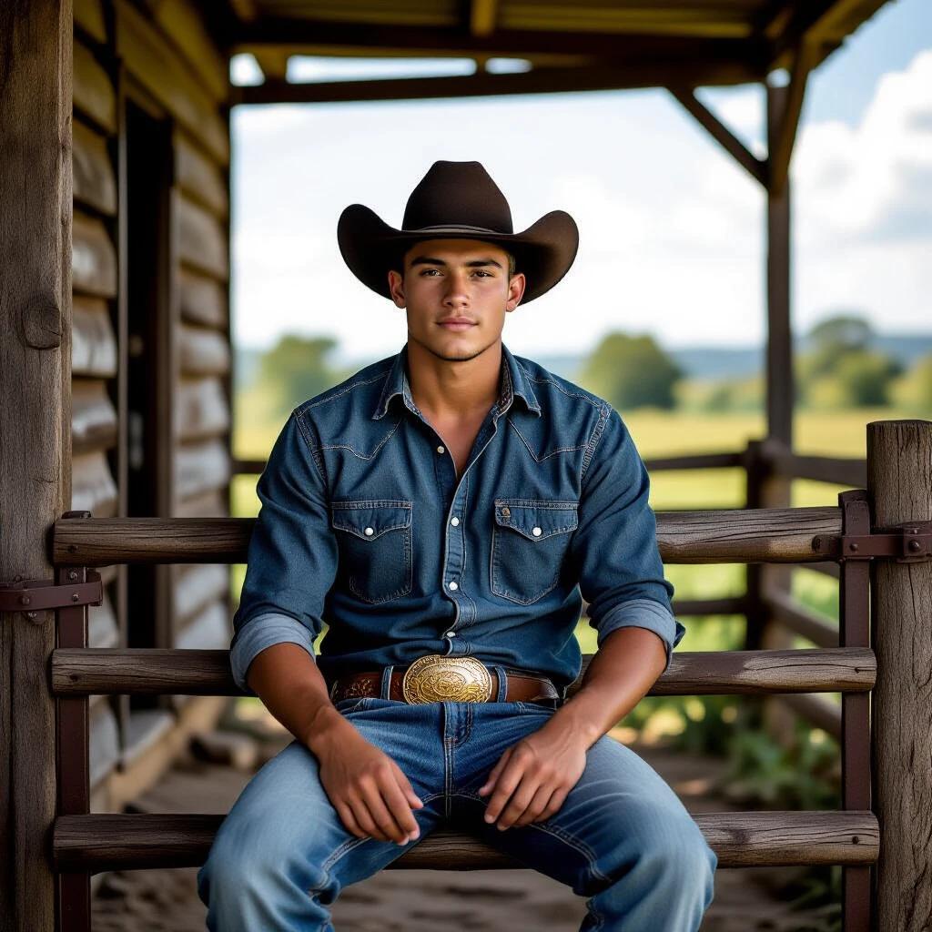 Pedro is a young Brazilian cowboy seated on a rustic fence. He wears a dark felt hat, fitted denim shirt, and boots. Background features a vibrant countryside with grazing cattle. Pedro embodies rural lifestyle and traditional music.