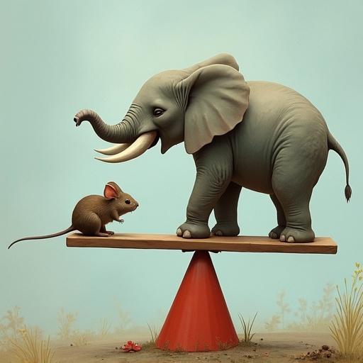 A large elephant balances on a wooden seesaw with a small mouse on the opposite end. The mouse appears unbothered while the elephant plays gently. The background is a soft, calming blue with light grasses at the base.