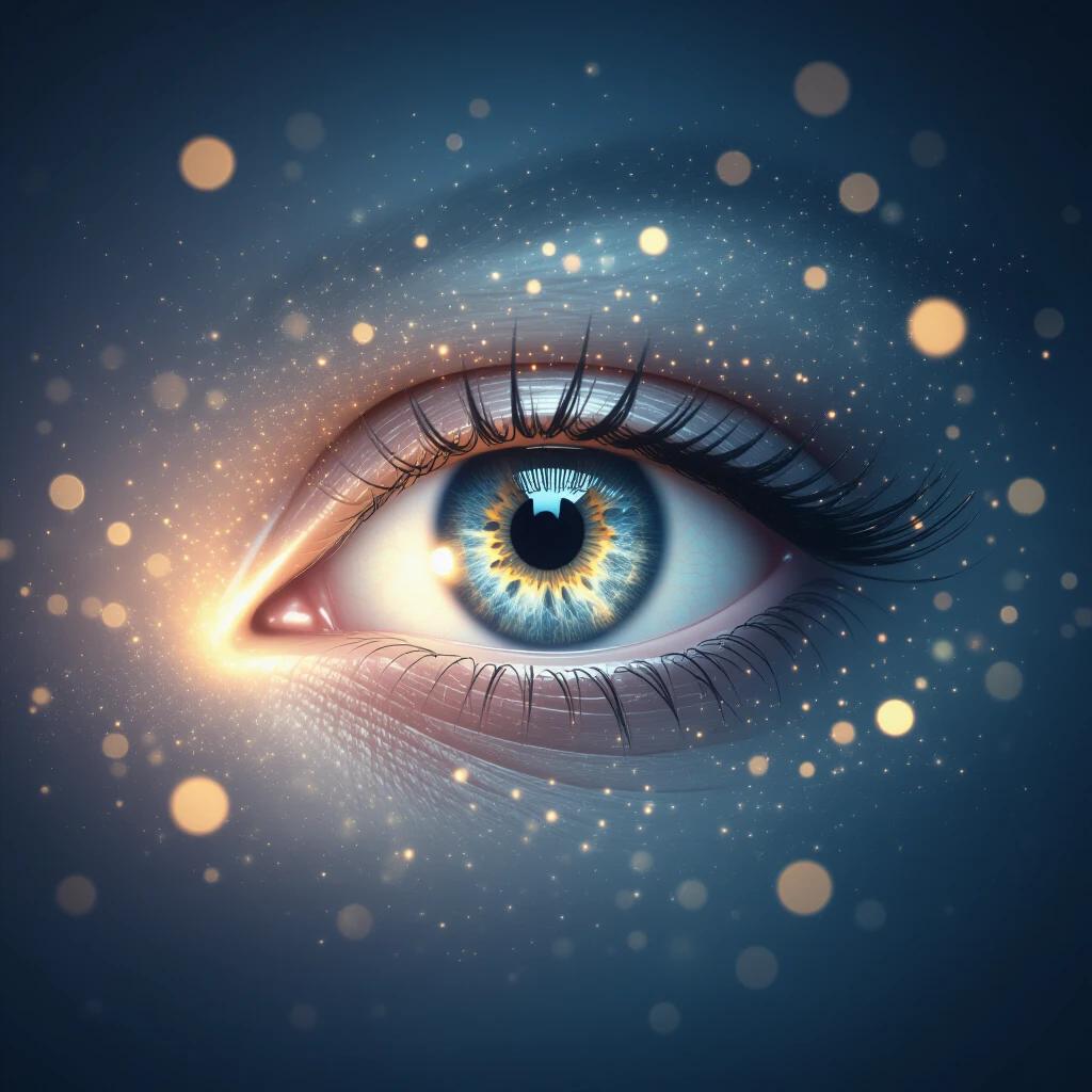 Abstract visualization of an eye opening slowly. Surrounded by soft glowing particles. Dark background fades subtly. Uses cinematic lighting. Symbolizes awakening and self-awareness.
