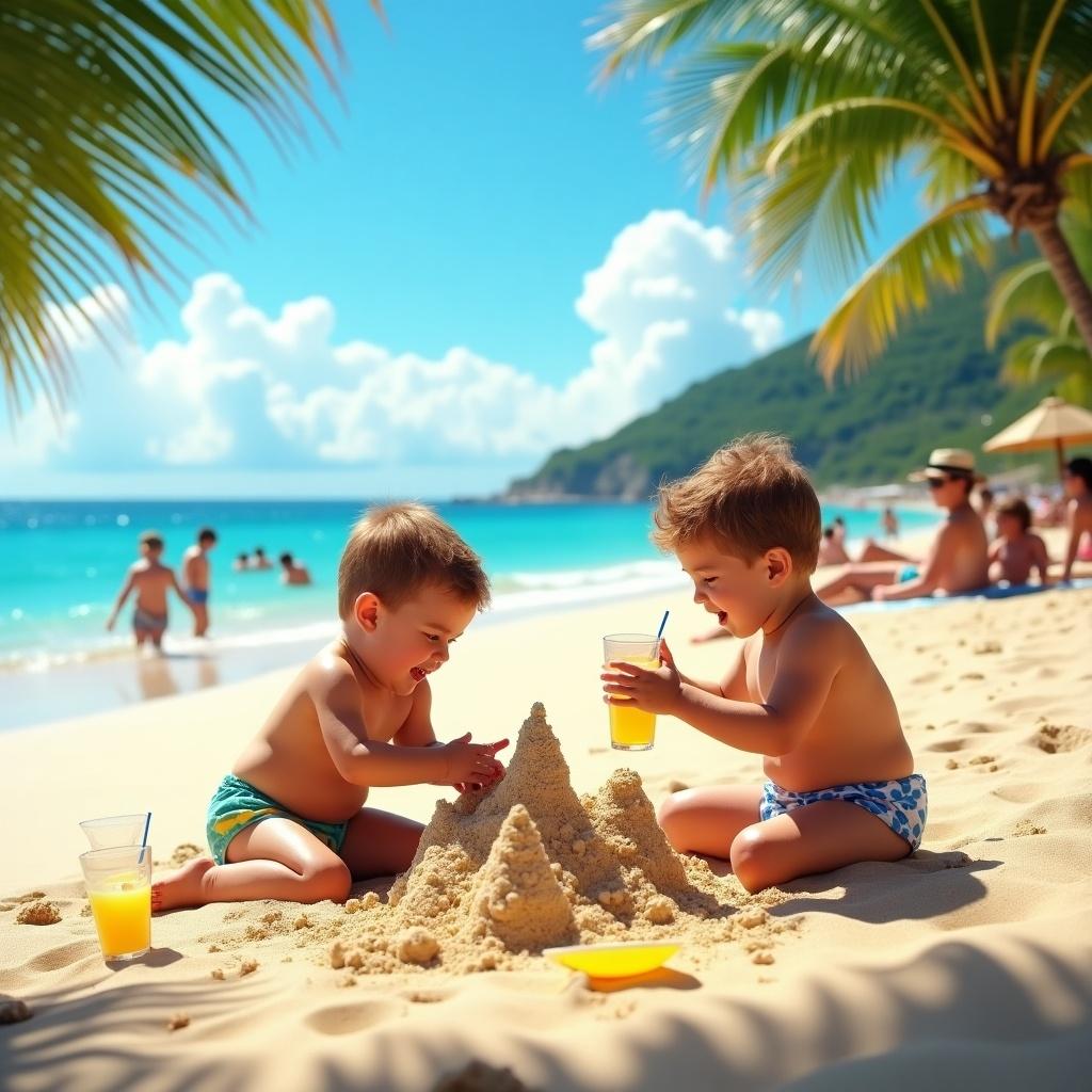 This image depicts a sunny beach scene where a small boy and girl are joyfully playing and constructing sand castles. They are surrounded by vibrant palm trees, giving a tropical feel to the atmosphere. In the background, other families can be seen sunbathing and enjoying food and drinks, adding to the lively beach environment. The water is a beautiful blue, enhancing the overall cheerful vibe of the scene. The two kids are focused on their creation, embodying the joy of childhood. This idyllic setting captures the essence of a perfect beach day.