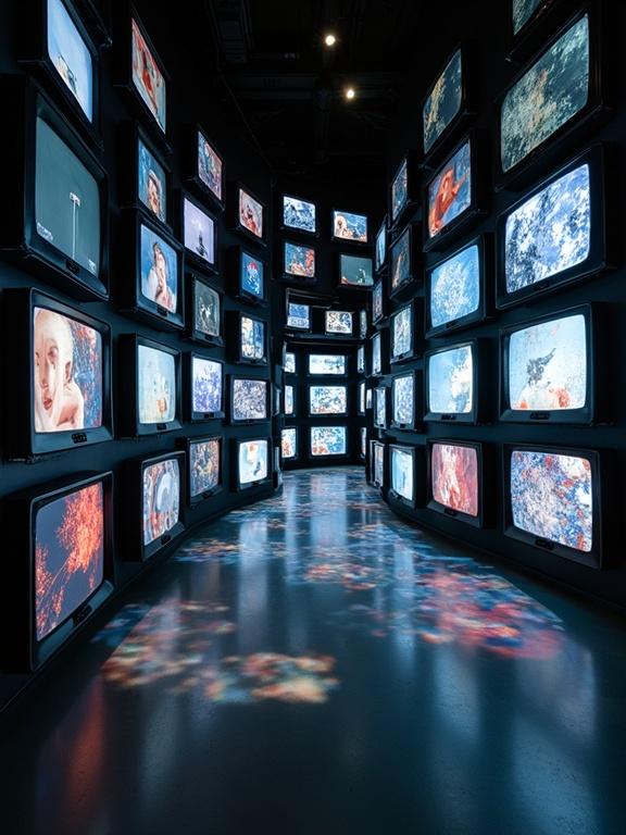 Fibonacci sequence visualized through distorted television screens with areas reflecting the sequence. Screens arranged spirally creating a dynamic visual experience. The layout alternates between light-emitting and shadow-casting surfaces.