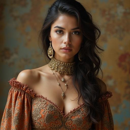 A woman wearing an ornate traditional outfit. She has intricate jewelry on her neck. The background has a vintage decor. The focus is on her clothing and accessories.