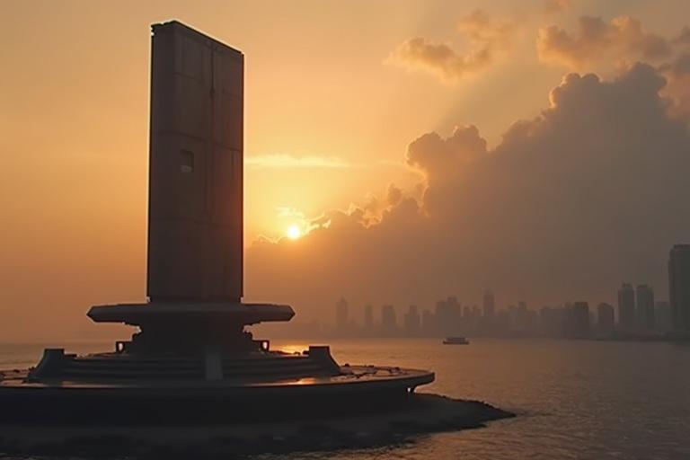 Cinematic view of a futuristic black metal cannon silhouette at sunset. Huge rotating platform on an island near a city. Soft light, atmospheric fog, dramatic clouds.