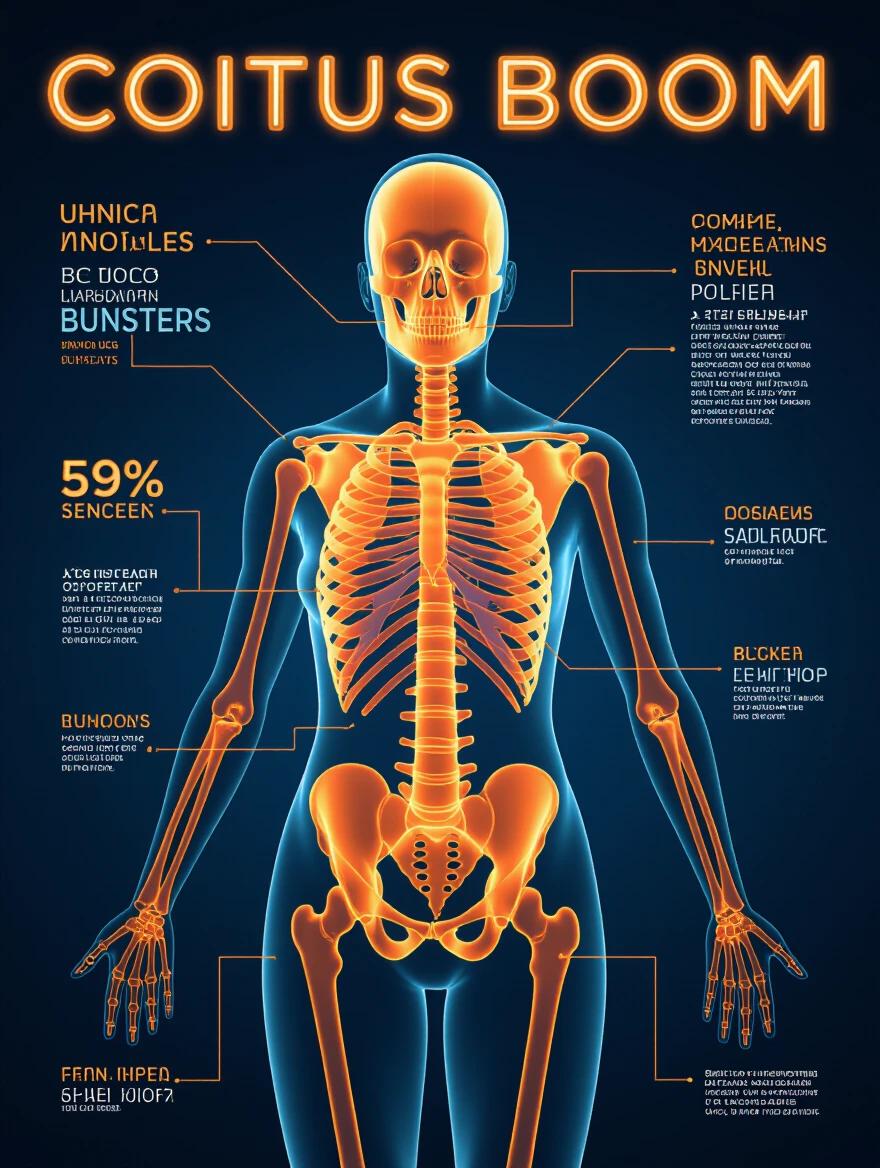 3D body image emphasizes anatomical details with orange highlights. Skeleton presented with labeled functions and data points.