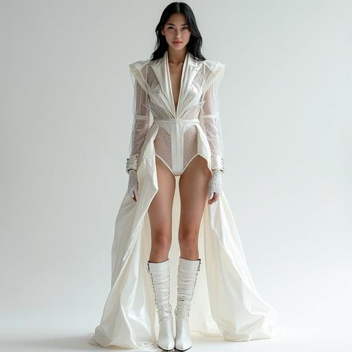 Young tall Japanese female model wears a dress from Paris Collection. Dress features asymmetrical design enhancing bodyline. Minimalist yet complex structure made of layered reflective transparent resin. Voluminous outfit intertwined with black threads creating a Voronoi pattern. Long boots from white bandages adorned with diamonds. Model has beautiful features in a dance-like pose with a soft expression. High resolution image.