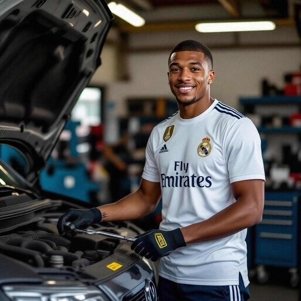 Smiling individual working on a car in a mechanic workshop. Wearing a sports jersey with a prominent logo. Holding a wrench. Indoor setting with tools visible in the background.