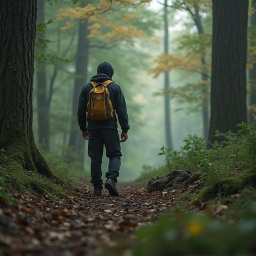 A man walks along a forest path surrounded by trees. He carries a yellow backpack and wears a dark hoodie. The scene is serene with soft natural light filtering through the trees.