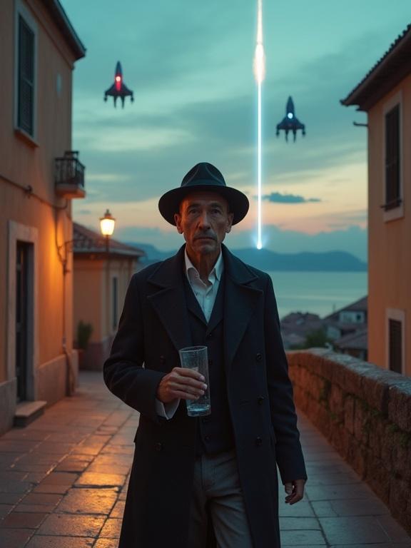 Detective walks through sci-fi Italian neighborhood. Dimly lit street with old buildings. Spaceships ascend in sky, light blue trails behind. Detective holds glass device. Pensive expression, wearing a fedora. Dusk backdrop with visible coastline.