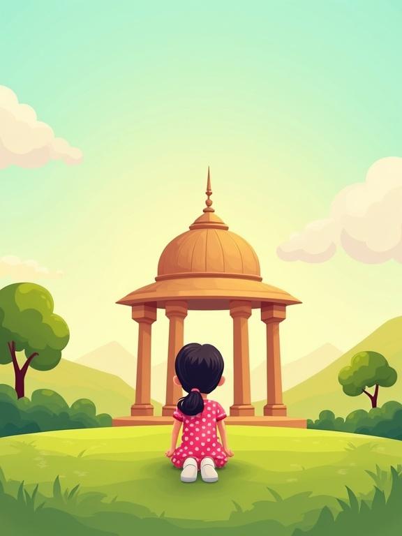 2D digital illustration featuring Layla, a young girl kneeling on green grass. She has a ponytail and wears a pink polka-dotted dress. In front of her is a wooden structure supported by pillars, under a dome. The background shows cartoon trees, green hills, and a blue sky with clouds. Soft sunlight sets a cheerful mood. Space is reserved at the top for an Arabic title.