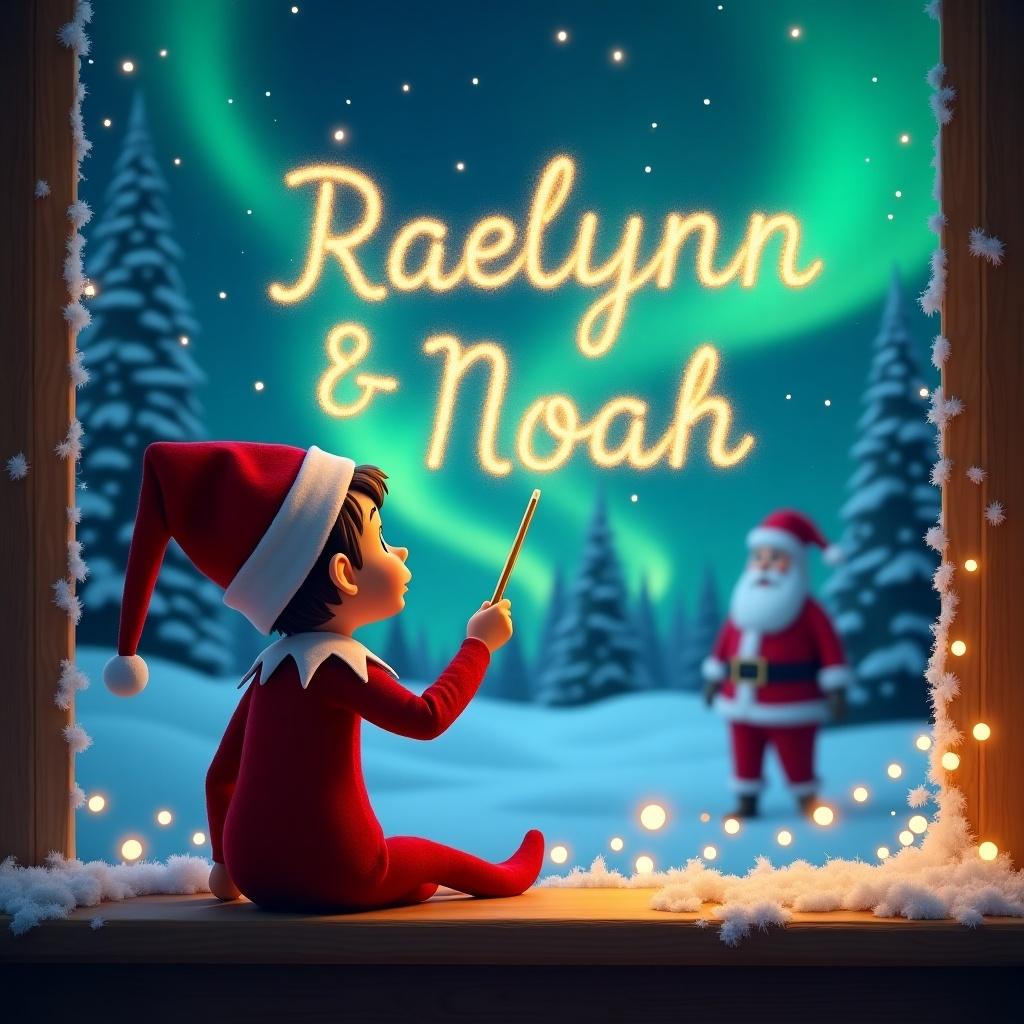 The image features an elf on the shelf with its back to the viewer, gazing up at the sky. It is using a wand to write in the night sky, creating a whimsical scene. The background is decorated with northern lights, providing a magical glow. In the distance, Santa Claus is visible, adding to the festive atmosphere. The names 'Raelynn & Noah' elegantly appear in sparkling letters, crafted by the elf's magic wand. The scene captures the joys of Christmas and childhood wonder.