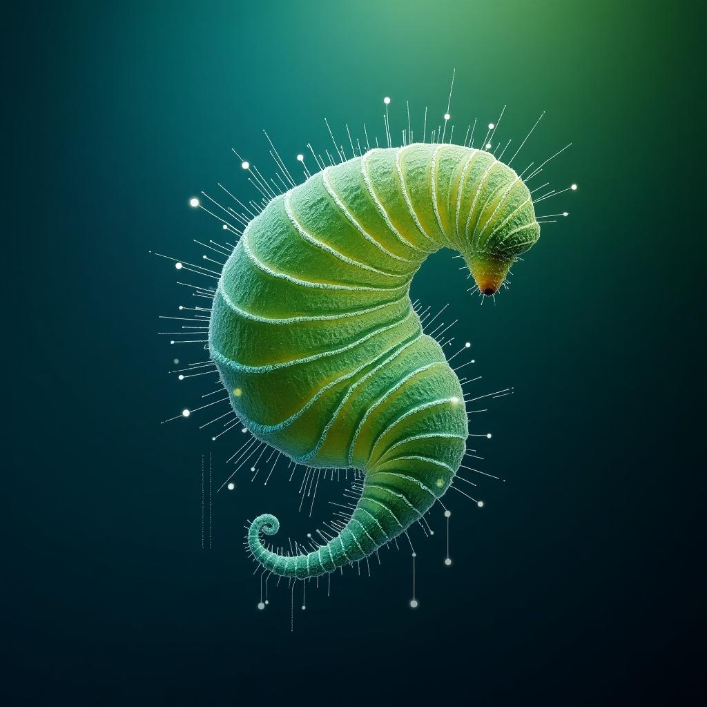 The image features a stylized depiction of a chrysalis. It symbolizes the transformation process, particularly in the context of digital transformation. The structure has a unique spiral shape, which evokes ideas of growth and change. Surrounding the chrysalis are soft lines that suggest a digital interface or system. This art piece blends natural and technological elements to convey a deeper meaning about evolution in systems.