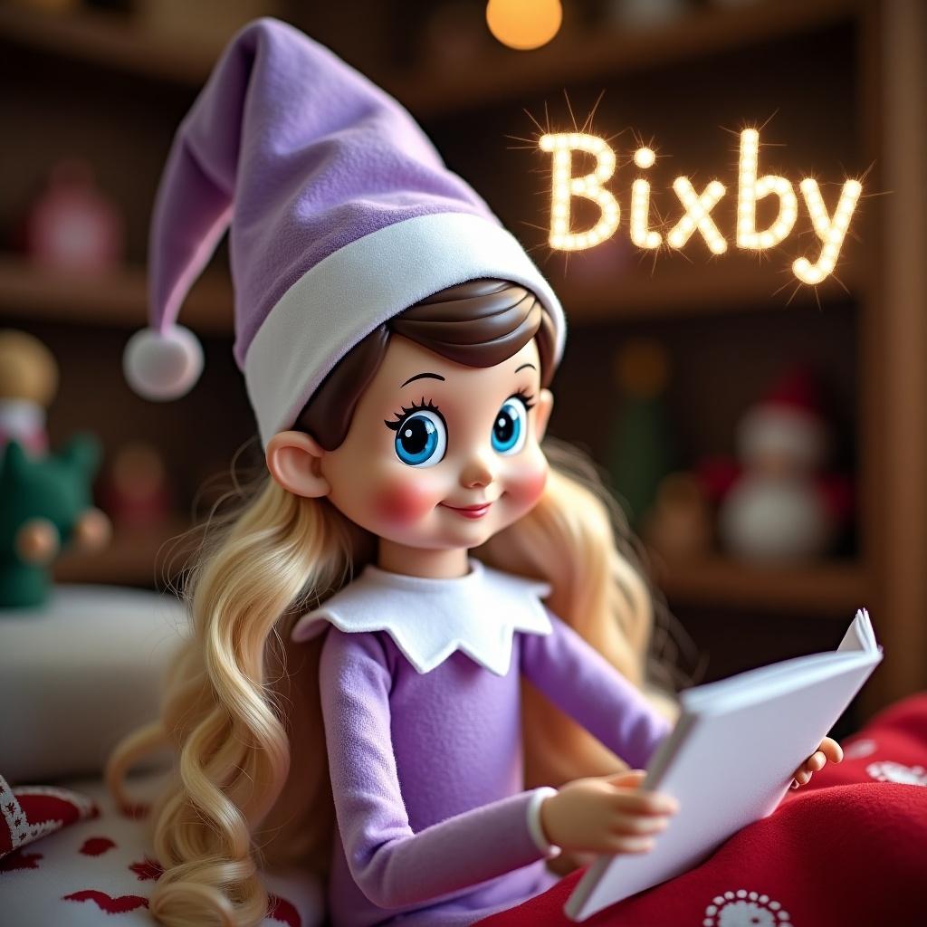 Illustration features Elf on the Shelf character with lilac and pink outfit. Character has long blonde hair with highlights and blue eyes, reading a letter to Santa. Background is Santa's workshop. Bixby name is above character in sparkling font.