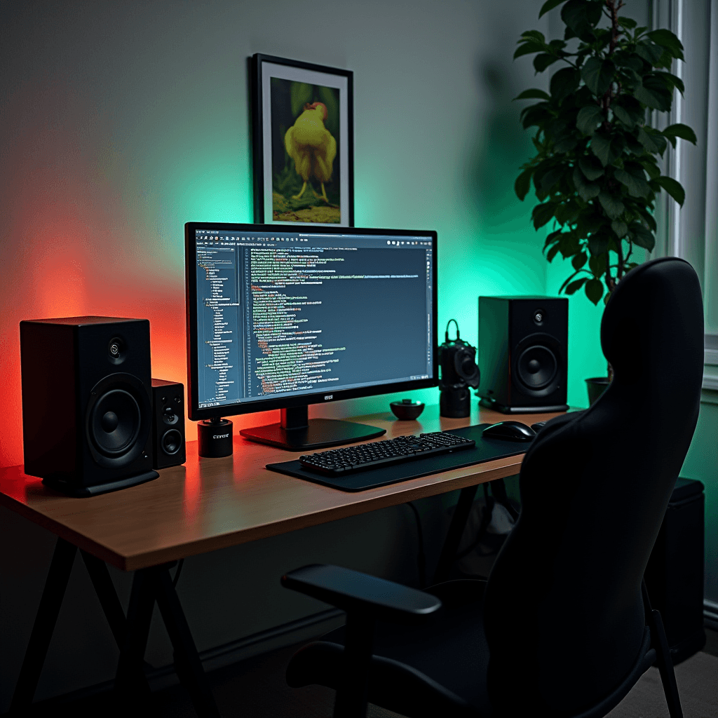 A computer desk setup with a large monitor displaying code, flanked by speakers and lit by vibrant colored lights.