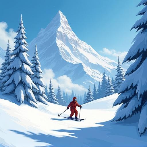 Create a ski scene in Studio Ghibli style featuring snowy mountains, a skier, and tall evergreen trees.