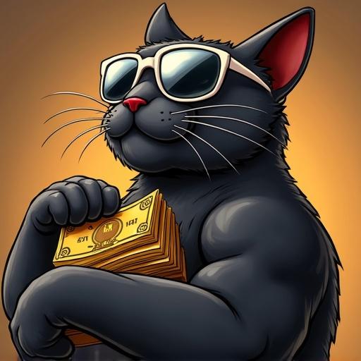 Cartoon themed image featuring a black muscular cat wearing white shades and holding stacks of gold. Background filled with money themes.