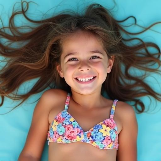 A smiling little girl laying on her back. She looks joyful and relaxed. Long hair spreads over the surface. Colorful floral bikini. Background suggests a beach or poolside atmosphere.