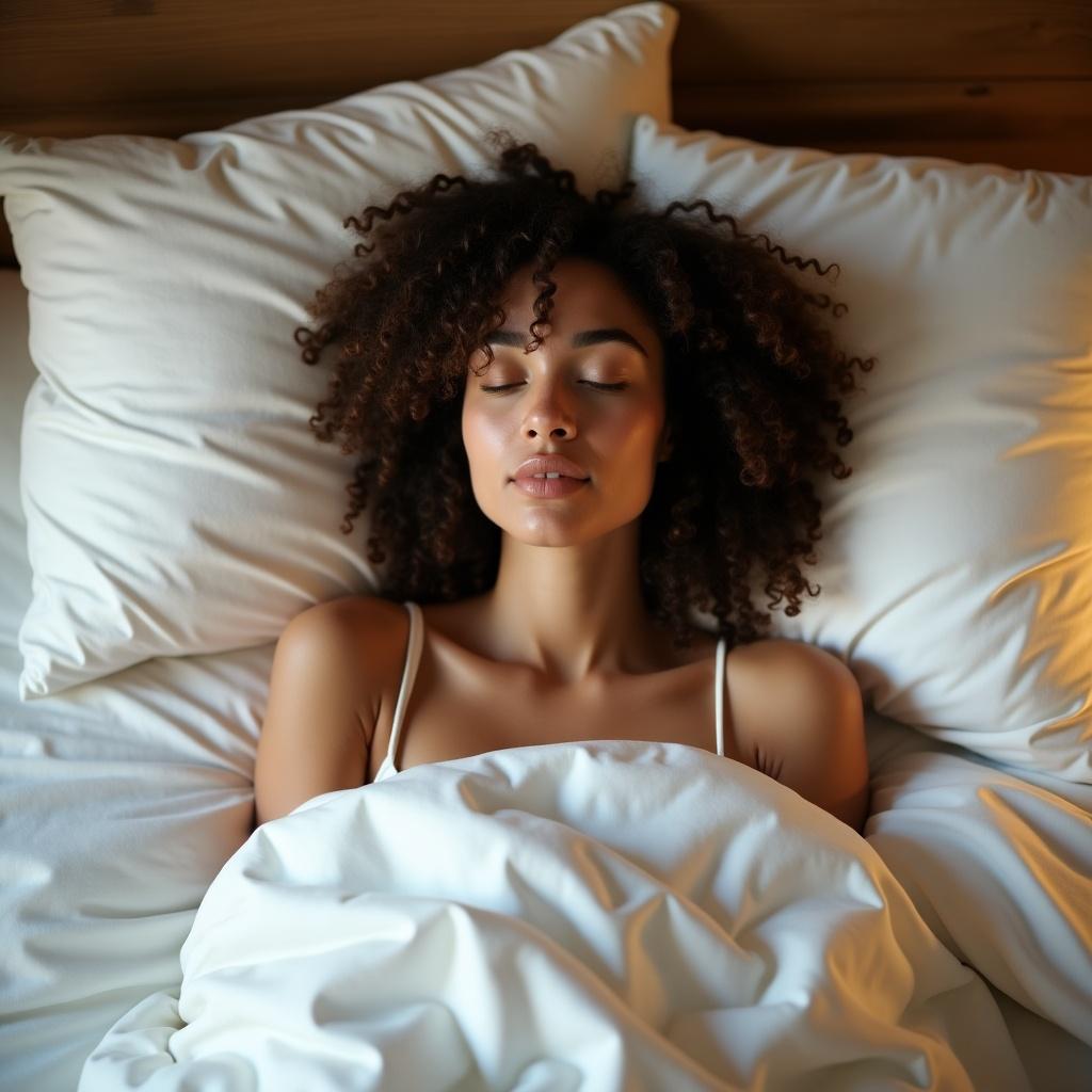 A woman is lying in bed under a cosy soft white duvet, lost in thought. She has smooth, radiant skin that adds a glow to her features. Her curly hair spreads out around her, creating a beautiful contrast against the pillows. The room is filled with warm light, making it feel inviting and cozy. It captures a moment of tranquility and introspection, perfect for conveying a peaceful atmosphere.