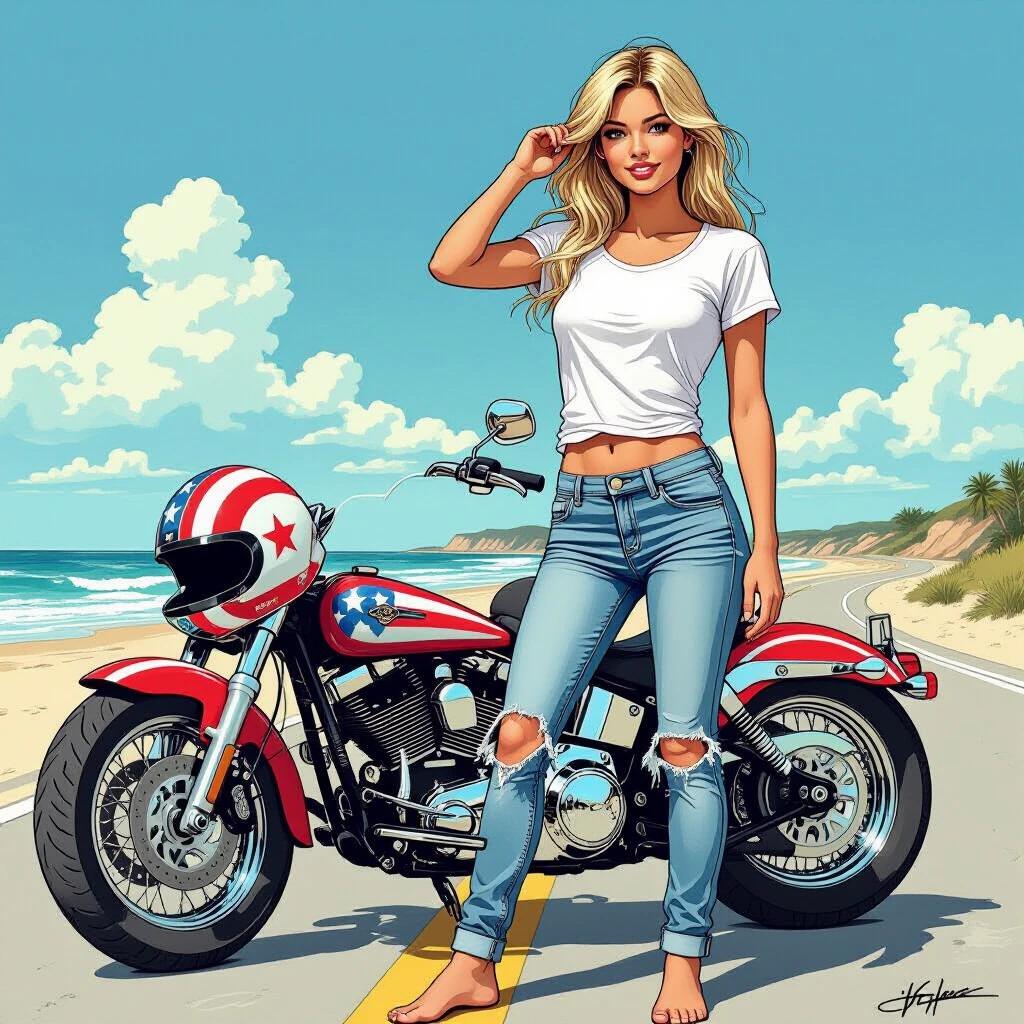 Blonde girl stands on the beach. She wears a wet white t-shirt and ripped jeans. Next to her is a crossroad motorcycle. The motorcycle has a helmet with stars and stripes. She touches her hair with one hand and rests the other on the helmet. She is barefoot. The image has a comic book artistic style.